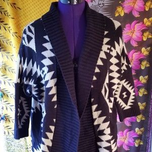 Slouchy, Tribal Print Black and Tan Cardigan